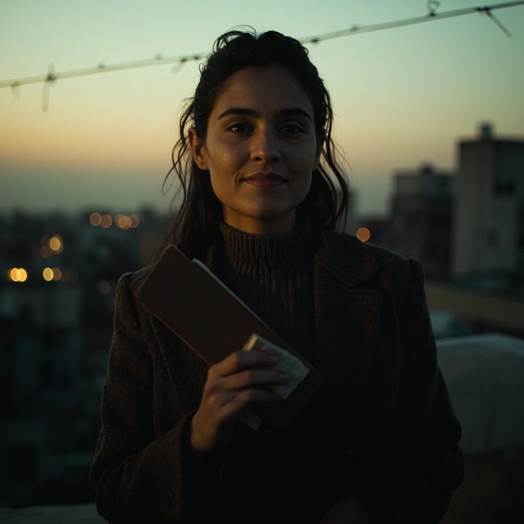 Payal Kapadia photographed at dusk on a Mumbai rooftop