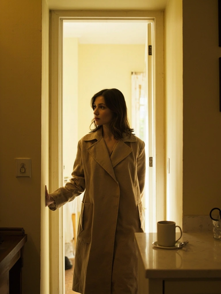 A woman in a beige coat stands in a half-lit kitchen doorway, morning light, contemplative still